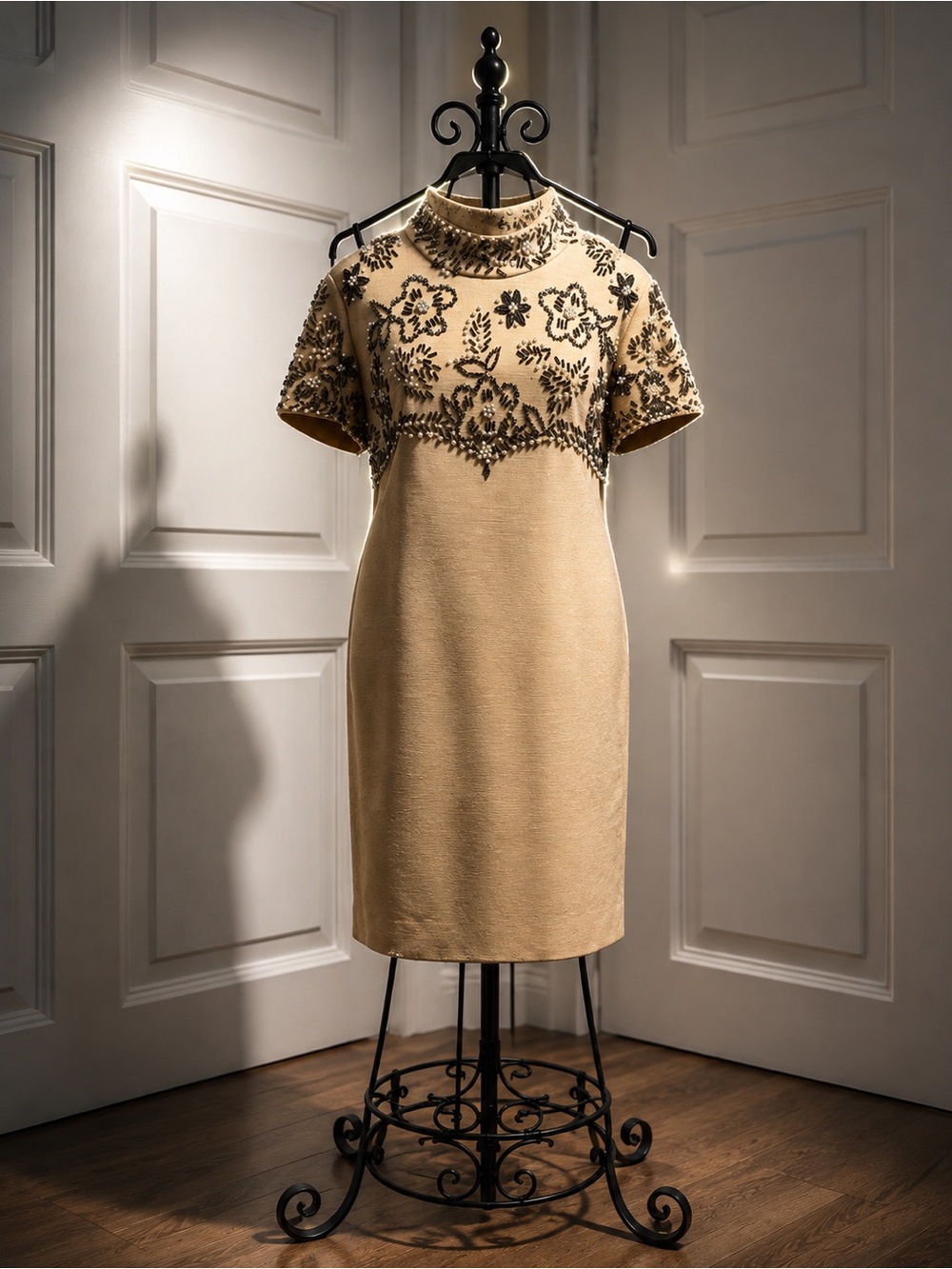 Vintage 50s 60s WOOL Beaded MIDI Evening Dress